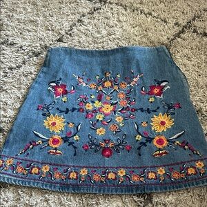 Harper Denim Mini Skirt with Colorful Floral Embroidery